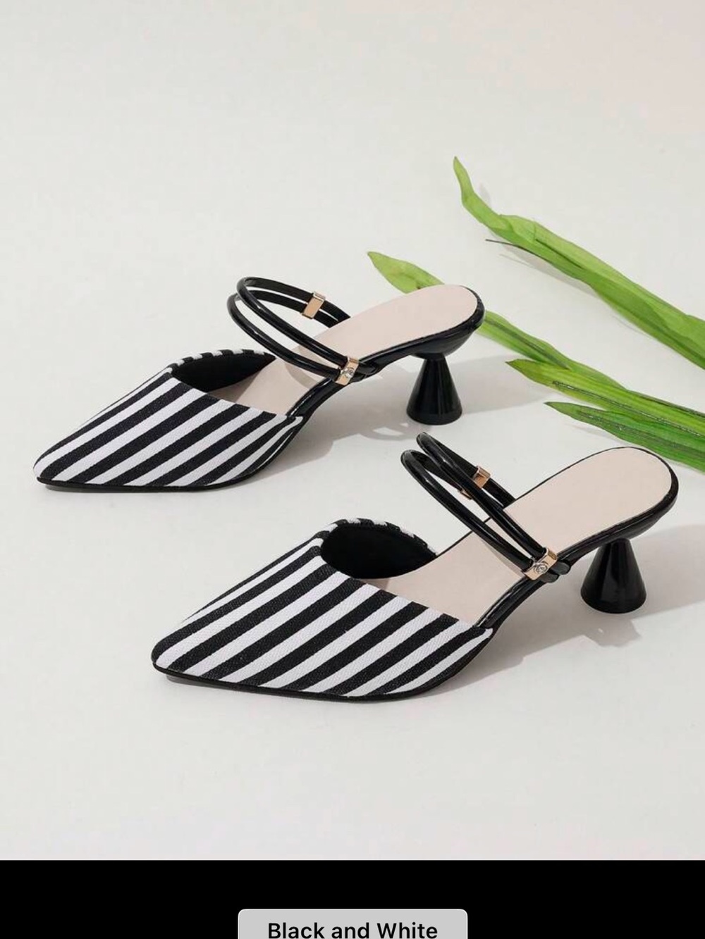 Striped Black and White Pointed Mule Heels nwt